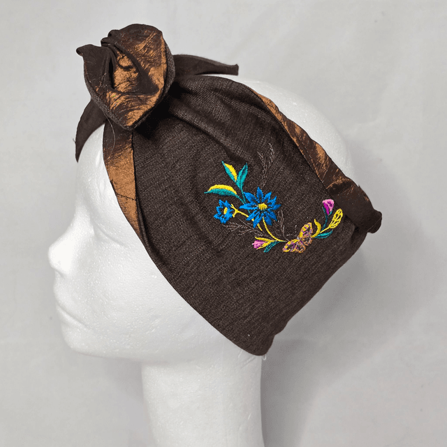Bandeau retro en tissu - Broderie fleurs